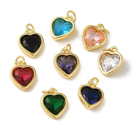 Heart Brass Glass Charms, Real 18K Gold Plated, with Jump Ring