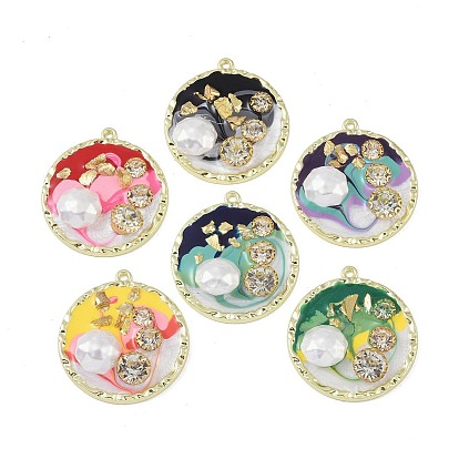 Rack Plating Alloy Enamel Pendants, with Resin, ABS Imitation Pearl Beads, Rhinestone and Glass Beads, Cadmium Free & Nickel Free & Lead Free, Flat Round