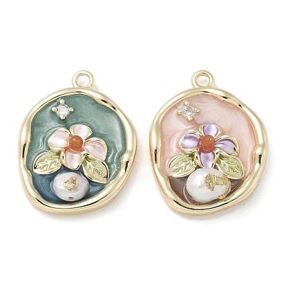 Латунные микропаве прозрачные подвески с фианитом, без кадмия, без никеля и без свинца, с эмалью, овал с цветочными подвесками, с ABS имитации жемчуга