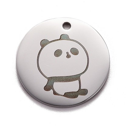 Pendentif en acier inoxydable, plat et circulaire avec panda