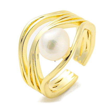 Natural Pearl Open Cuff Ring, Brass Hollow Finger Ring