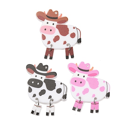 Printed Opaque Resin Pendants, Cowboy Cow Charm, with Platinum Iron Loops