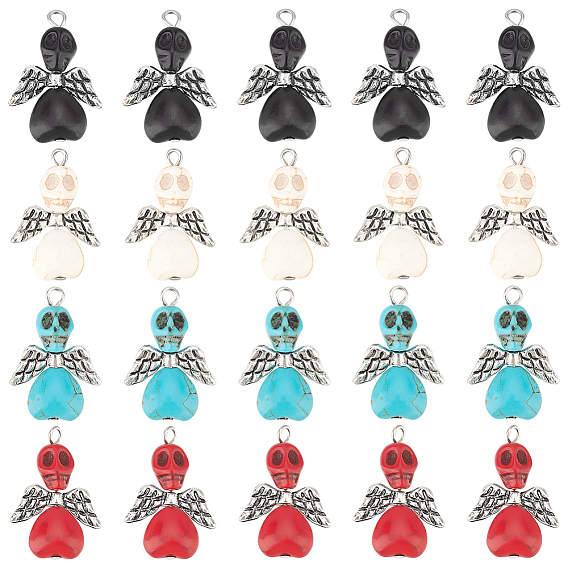 40 шт. 4 цвета, окрашенные в Хэллоуин синтетические бирюзовые подвески, с пластиковыми крыльями ccb и железными петлями платинового тона, череп ангела