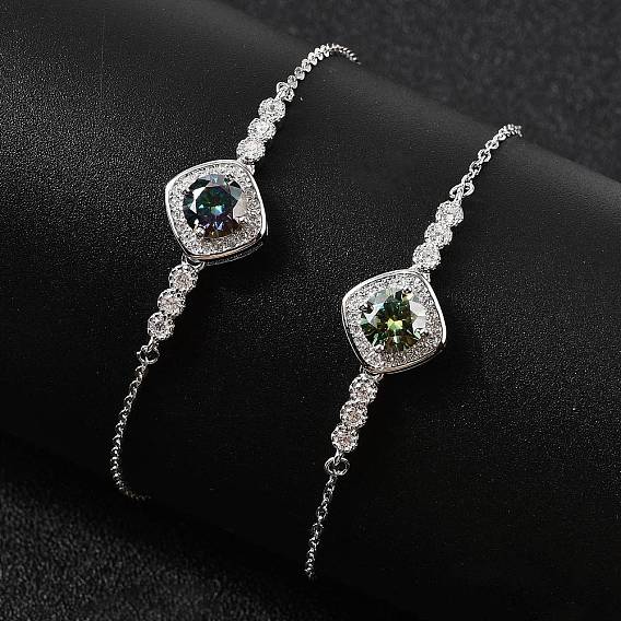 925 женские браслеты со звеньями из стерлингового серебра, ромб, с муассанитовым стразом