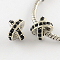 Letter X Antique Silver Plated Metal Alloy Rhinestone European Beads, Large Hole Beads, 11x8~9x10mm, Hole: 5mm