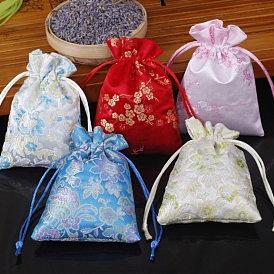 Chinese Style Rectangle Satin Cloth Flower Printed Drawstring Gift Bags, Storage Bags