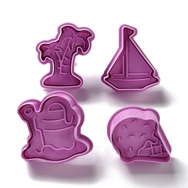 Summer Beach Themed PET Plastic Cookie Cutters, with Iron Press Handle, Coconut Tree & Boat & Bucket & Ice Cream
