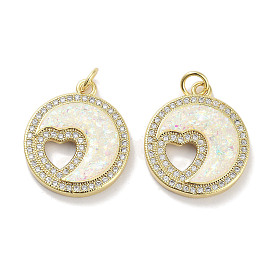 Brass Micro Pave Clear Cubic Zirconia Pendants, with Synthetic Opal and Jump Rings, Real 18K Gold Plated, Flat Round with Heart Charms