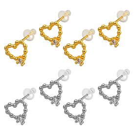 4 пары 2 цветные латунные серьги-гвоздики со стразами, сердце