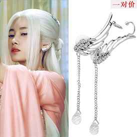 Angel Wing Crystal Drop Earrings for Non-Pierced Ears - Long Dangle Style