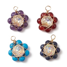 Mixed Gemstone Flower Pendants, Golden Plated Copper Wire Wrapped Glass Charms, Mixed Dyed and Undyed