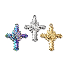 Ion Plating(IP) 304 Stainless Steel Pendants, Cross with Rose Charm