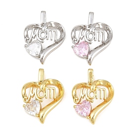 Mother's Day Brass Pave Cubic Zirconia Pendants, Heart with Word Mom Charms, Rack Plating, Long-Lasting Plated, Lead Free & Cadmium Free