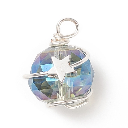 Electroplate Glass Pendants, with Silver Brass Wire Wrapped Findings, Round with Star Charms