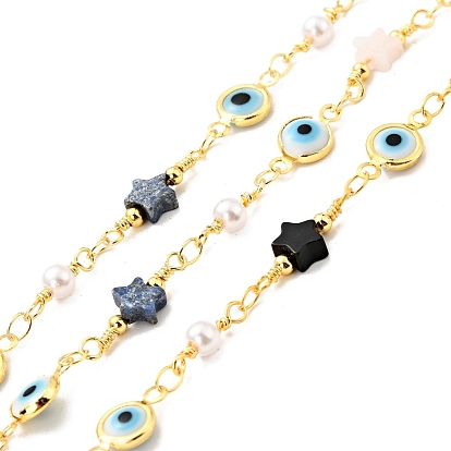 Rack Plating Brass Flat Round Link Chains, with Natural Mixed Gemstone Star & Glass Evil Eye Beaded, Long-Lasting Plated, Soldered, with Spool, Cadmium Free & Lead Free