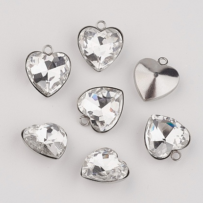 201 Stainless Steel Glass Rhinestone Charms, Heart