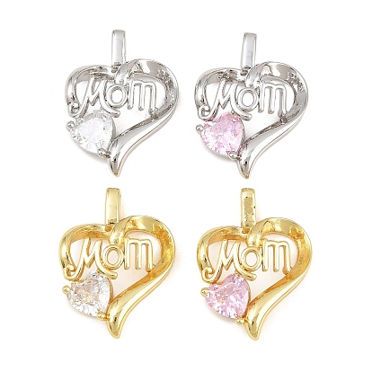 Mother's Day Brass Pave Cubic Zirconia Pendants, Heart with Word Mom Charms, Rack Plating, Long-Lasting Plated, Lead Free & Cadmium Free