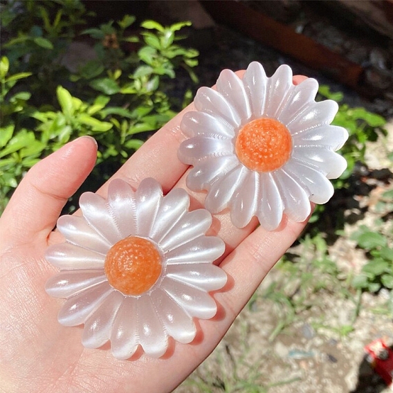 Natural Selenite Daisy Sculpture, for Home Office Desk Decoration