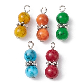 Mixed Color Glass Round Beaded Pendant, with Alloy and Iron Findings, Gourd Charms