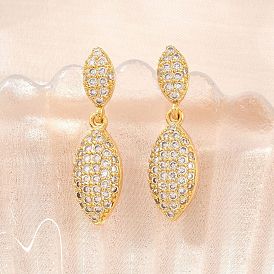 Серьги-гвоздики из латуни с кубическим цирконием и микропаве, лошадиный глаз 