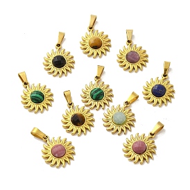 Gemstone Faceted Sun Pendants, Golden Tone 304 Stainless Steel Charms