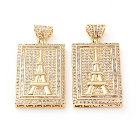 Brass Micro Pave Clear Cubic Zirconia Pendants, Long-Lasting Plated, Rectangle with Eiffel Tower