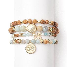 Natural Flower Amazonite & Picture Jasper Beaded Stretch Bracelets Sets with Non-Magnetic Synthetic Hematite, Alloy Lotus Charms Bracelets for Women