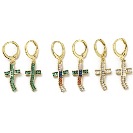 Real 18K Gold Plated Brass Dangle Leverback Earrings, with Glass, Cross