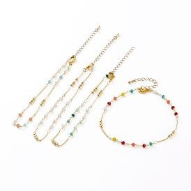 Faceted Glass Beaded Anklets, with Brass Beads and Lobster Claw Clasps, Round, Real 18K Gold Plated