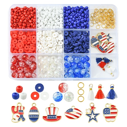 DIY Independence Day Jewelry Making Finding Kit, Including Glass Seed & Polymer Clay Disc & Acrylic Round Beads, Star & Hat & Word USA Alloy Enamel & Tassel Pendants