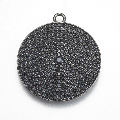 Brass Micro Pave Cubic Zirconia Pendants, Round, Black