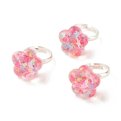 3D Resin Flower with Star Adjustable Ring, Brass Jewelry for Women, Platinum