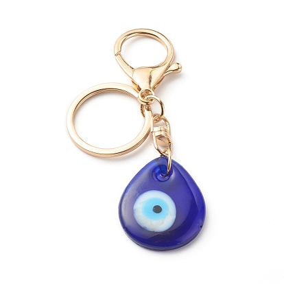 Alloy Keychain Clasp Findings, with Iron Key Rings, with Handmade Lampwork Evil Eye Pendants, Flat Teardrop