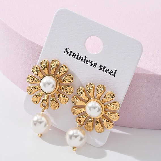 304 из нержавеющей стали серьги, с пластиковой имитационной жемчужиной, цветок