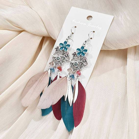 Серьги-люстры из сплава с цветами и перьями, со стеклом и эмалью