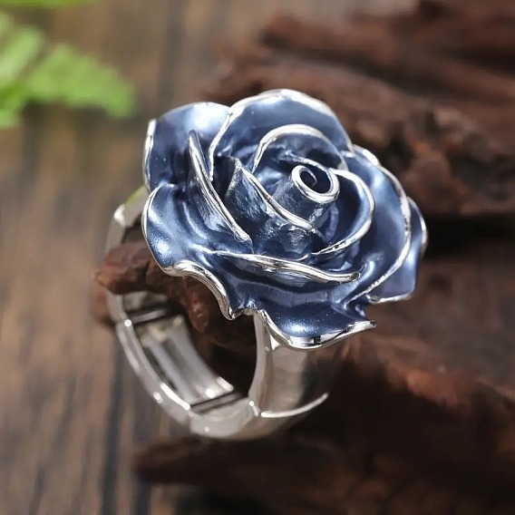 Brass Enamel Cuff Open Rings for Women, Flower, Platinum