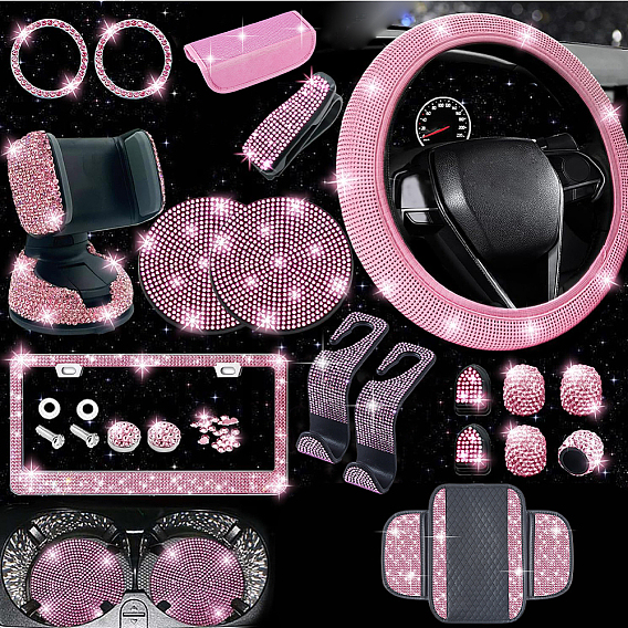 Стразами блестящие автомобильные аксессуары, в комплект входят чехлы на руль, рамка номерного знака, автомобильные подставки под стаканы, крышка центральной консоли, чехлы для плечевых накладок