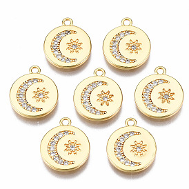 Brass Micro Pave Clear Cubic Zirconia Charms, Nickel Free, Flat Round with Moon & Sun