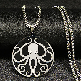 201 плоские круглые ожерелья из нержавеющей стали с черной эмалью и подвеской в виде осьминога
