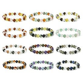 12Pcs 12 Styles Constellation Mixed Gemstone Round Beaded Stretch Bracelet Sets, Stackable Bracelets