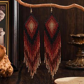 Богемные серьги-подвески ручной работы из стеклянного бисера., ромб шаблон, золотые