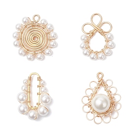 4 шт. 4 стили подвески из круглой бусины с ракушками и жемчугом, обвитые медной проволокой, с латунной фурнитурой , разнообразные, белые