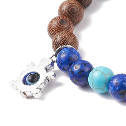 Natural Wenge Wood & Lapis Lazuli(Dyed) & Synthetic Turquoise Round Beaded Stretch Bracelet, Alloy Tortoise with Resin Evil Eye Charm Bracelet for Women