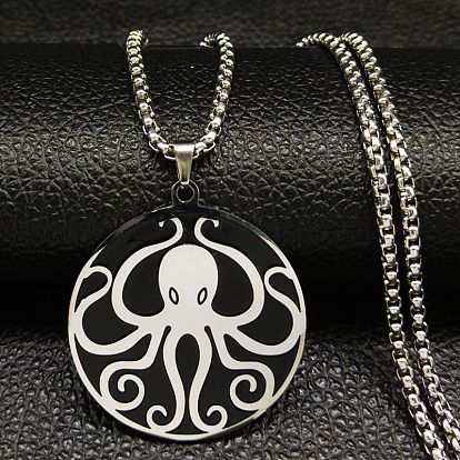 201 плоские круглые ожерелья из нержавеющей стали с черной эмалью и подвеской в виде осьминога