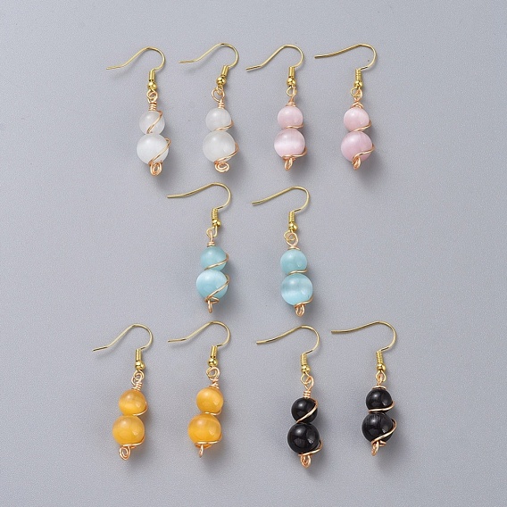 Латунь болтаться серьги, с бусинами "кошачий глаз", круглые