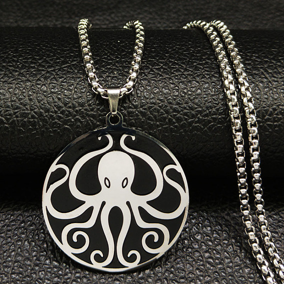 201 плоские круглые ожерелья из нержавеющей стали с черной эмалью и подвеской в виде осьминога