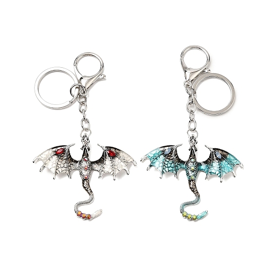 Брелки с подвеской из сплава дракона и стразами, с разрезными кольцами для ключей и застежками-карабинами, старинное серебро и платина