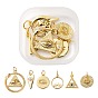 6Pcs 6 Style Brass Rough Surface Pendants, with Jump Rings, Flat Round & Triangle & Heart with Evil Eye