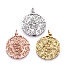 Brass Pendants, Long-Lasting Plated, with Jump Ring, Flat Round with Snake