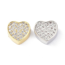 Brass Clear Cubic Zirconia Beads, Long-Lasting Plated, Lead Free & Cadmium Free, Heart